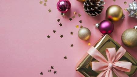 A gold gift box with a pink ribbon, surrounded by pink and gold Christmas ornaments, pine cones, and golden stars on a pink background.の写真素材