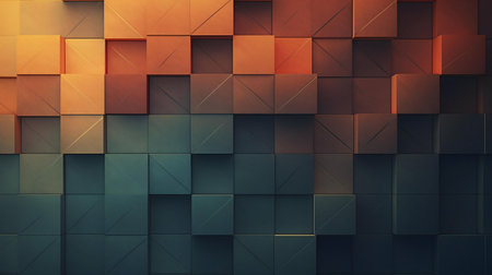 An abstract image featuring a mosaic of cubes, transitioning from warm oranges to cool blues and...