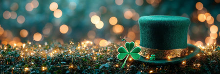 A festive St. Patrick's Day scene featuring a green leprechaun hat adorned with a shamrock, surrounded by warm lights.の写真素材