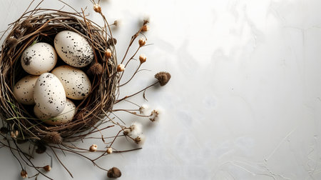 Close-up of speckled bird eggs in a rustic nest, adorned with dried flowers. A spring or Easter...