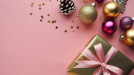 A gold gift box with a pink ribbon, surrounded by pink and gold ornaments, pine cone, and gold stars on a pink background.の写真素材