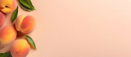 A vibrant image showcasing fresh, ripe peaches and leaves on a peach background. Perfect for summer...
