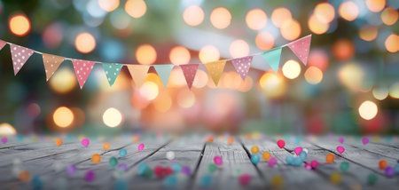 A cheerful scene with colorful bunting, glittering lights, and confetti on a wooden table. Perfect for festive occasions.の写真素材