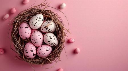 Pink and white speckled eggs in a rustic nest, perfect for Easter.の写真素材