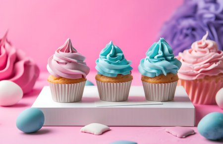 Three pastel cupcakes, pink and blue, are beautifully arranged on a white display. A festive, sweet treat.の写真素材
