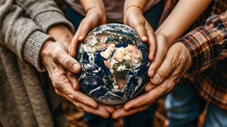 Four generations hold a globe, symbolizing environmental responsibility and intergenerational care for our planet.の写真素材