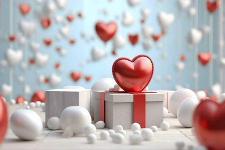 A red heart sits above a gift box. White spheres and a dreamy backdrop of hearts set a romantic mood.の写真素材