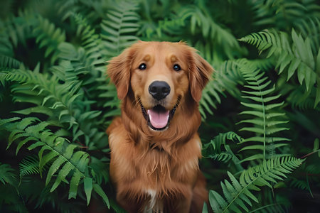 A happy golden retriever sits surrounded by vibrant green ferns.の写真素材