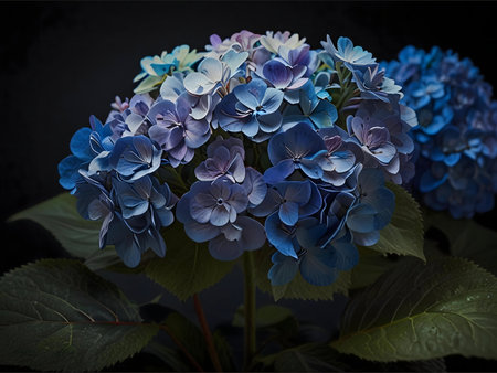 Close-up of vibrant blue and purple hydrangea blossoms. Dark background enhances the flower's...