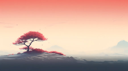 A single red tree stands on a misty mountain peak, as the dawn breaks. The scene is serene and peaceful.の写真素材