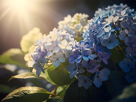 Close-up of vibrant hydrangea flowers bathed in sunlight.
