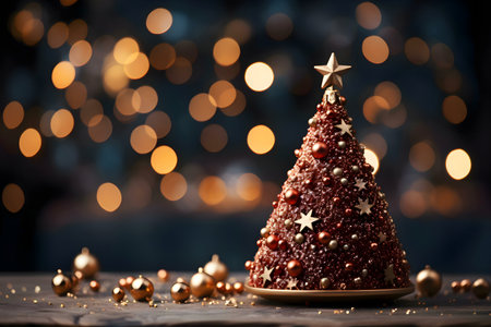 A stunning chocolate Christmas tree adorned with gold accents, set against a bokeh background of warm lights.の写真素材