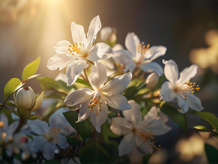 Close-up of sunlit white flowers, showing their delicate petals and gentle radiance. A serene and...