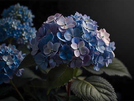 Close-up of a vibrant hydrangea, showing its blue and purple hues against a dark background.