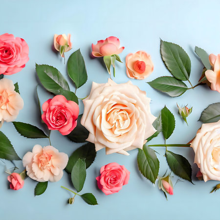 Pretty pastel roses and greenery arranged on a light blue background.の写真素材