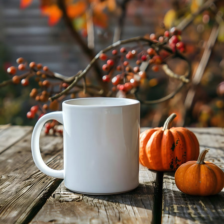 White mug with pumpkins on a rustic wooden table, autumn leaves background.の写真素材
