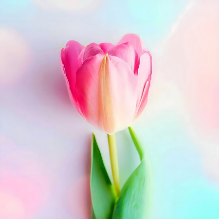 A single pink tulip, with its delicate petals and soft pastel colors, stands out against a dreamy background.の写真素材