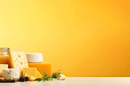 Various types of cheese arranged artfully against a bright yellow backdrop. A tempting display of dairy delights.の写真素材