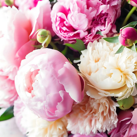 Close-up of a beautiful bouquet of pink and white peonies. The image captures the delicate petals and soft colors of the flowers.の写真素材