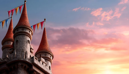 A majestic castle at sunset, a beautiful fairytale scene.の写真素材