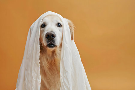Adorable Golden Retriever dressed up as a ghost for Halloween. Cute and funny pet photography.