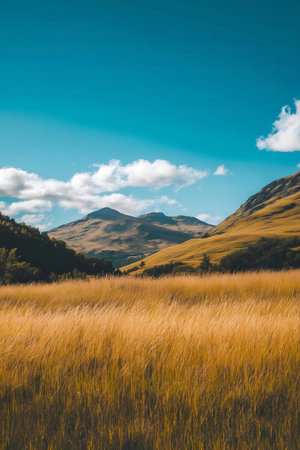 Serene landscape of golden meadow, mountains, and a vivid blue sky. A picturesque summer day.の写真素材