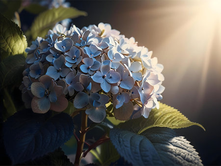 Close-up of a vibrant blue hydrangea bathed in sunlight. The image showcases the delicate details of...
