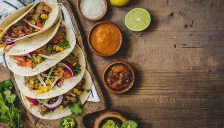 A mouthwatering image of several tacos, filled with succulent meat and vibrant toppings, surrounded by bowls of salsa and guacamole on a rustic wooden background.の写真素材