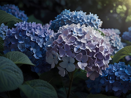 Close-up view of beautiful blue and purple hydrangeas in full bloom.