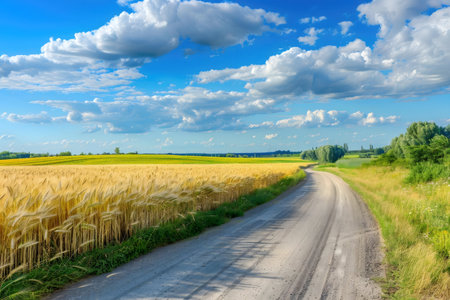 A picturesque country road meanders through a vibrant wheat field under a stunning summer sky.の写真素材
