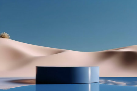 A minimalist 3D render of a blue platform in a serene desert landscape. Calm water reflects the sky.の写真素材