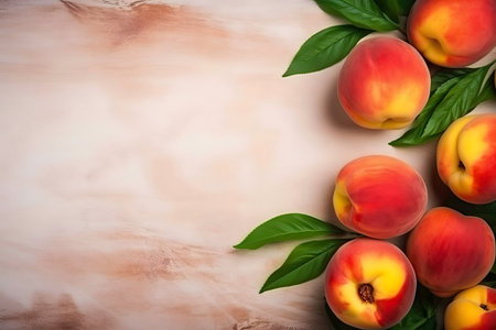 Close-up of fresh peaches with green leaves on a rustic background. Perfect for summer recipes.の写真素材