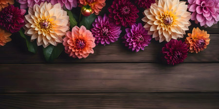 Dahlia flowers in various colors arranged on a rustic wooden surface.の写真素材