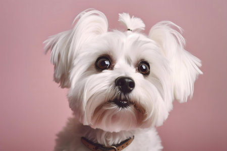 Close-up of a charming Maltese puppy with a hair bow, against a soft pink backdrop.の写真素材
