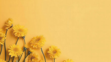 Beautiful yellow flowers arranged on a matching yellow background. Simple and elegant.の写真素材
