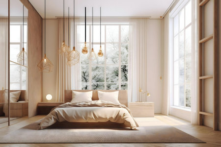 A minimalist bedroom with golden light fixtures, a wooden bed, and a view of snow-covered trees. The...