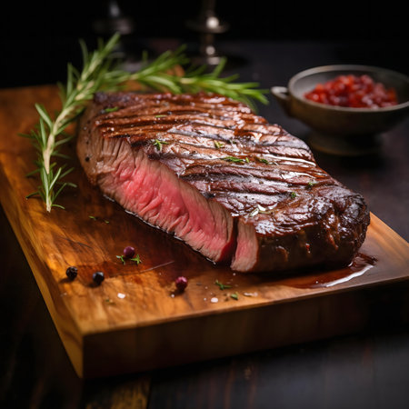 A perfectly grilled steak sits on a wooden board, seasoned with rosemary. Appetizing and juicy.の写真素材
