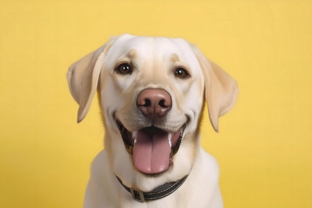 A cheerful Labrador Retriever smiles at the camera against a vibrant yellow backdrop.の写真素材