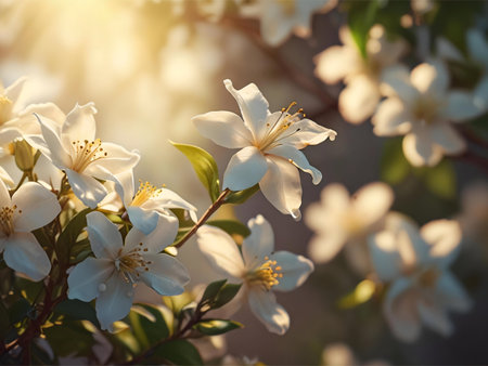 White flowers illuminated by the warm glow of a sunset. A serene and peaceful scene capturing the beauty of nature.の写真素材