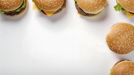 Five juicy cheeseburgers arranged around a white background, creating an appetizing frame.の写真素材
