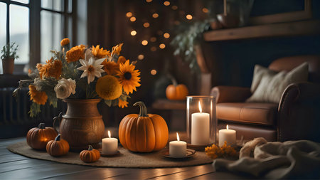 A warm and inviting autumnal scene featuring pumpkins, flowers, and candles in a cozy home setting.の写真素材