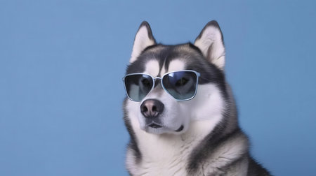 A stylish husky dog dons cool sunglasses against a blue backdrop. A captivating portrait.