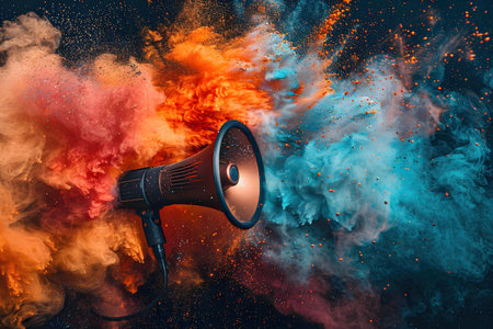 A megaphone blasts amidst a vibrant explosion of colors. This captivating image depicts the power of communication and announcement.の写真素材