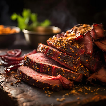 Close-up of succulent roasted beef slices, seasoned with herbs and spices. A culinary masterpiece!の写真素材
