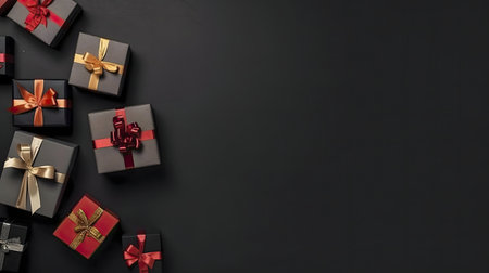 Multiple gift boxes with various colored ribbons arranged on a black surface. Festive and elegant.の写真素材