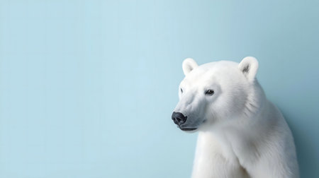 A stunning portrait of a polar bear set against a pale blue backdrop. The image is minimalist and...
