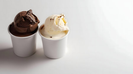 Two cups of ice cream, one chocolate and one vanilla. A sweet and delicious treat.の写真素材
