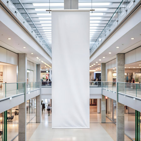 A large blank white banner hangs in a bright modern shopping mall. Perfect for advertising.の写真素材