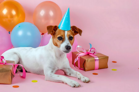 A cute Jack Russell enjoys his birthday with presents and balloons.の写真素材