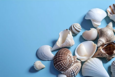 Various seashells arranged on a light blue background. Summer vacation vibes